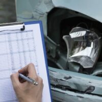 Insurance Agent Examining Car After Accident Stock Photo